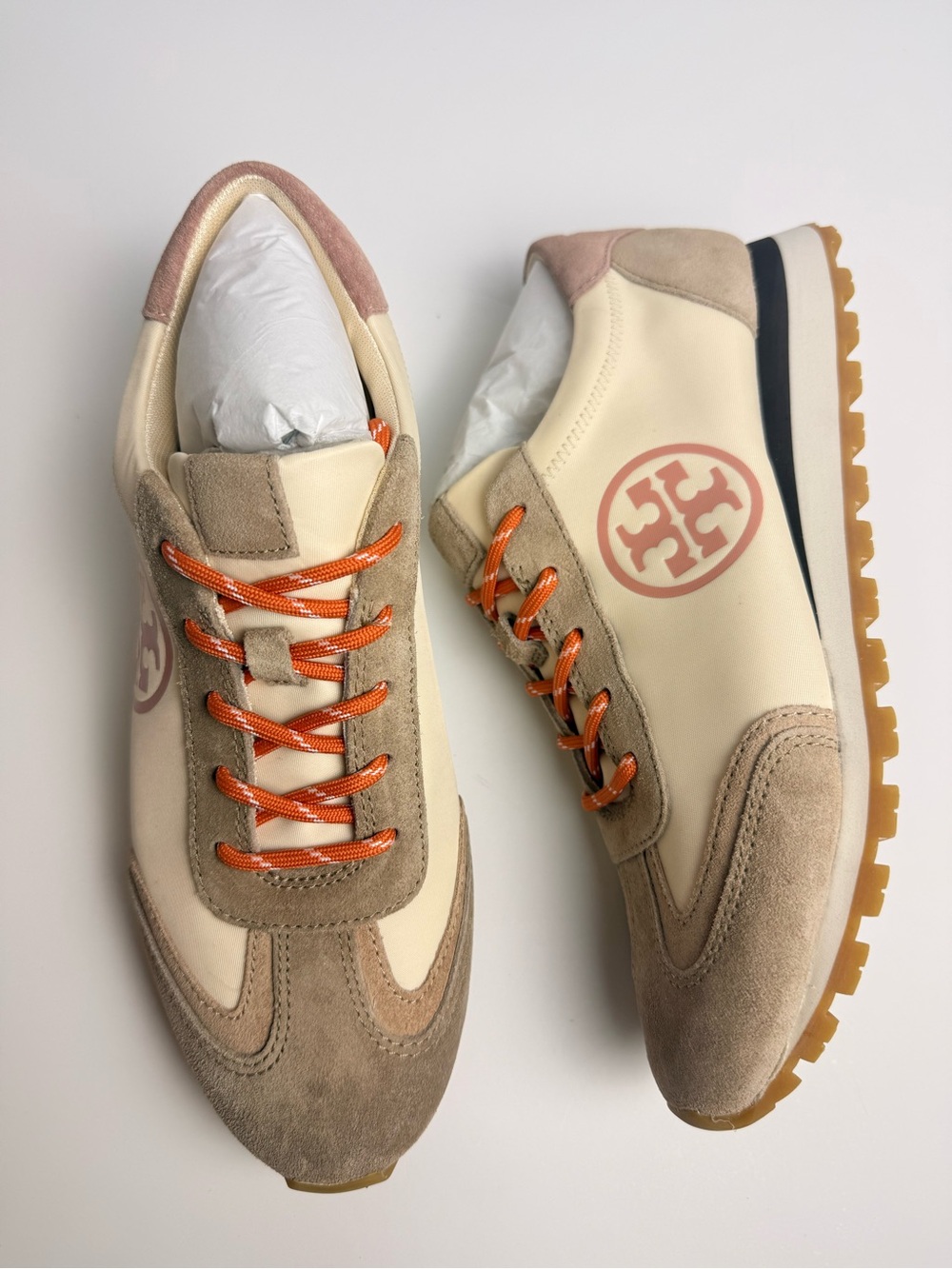 Tory Burch Annie Nylon Runner Sneakers New‎ Cream Noisette Malva Suede US 9